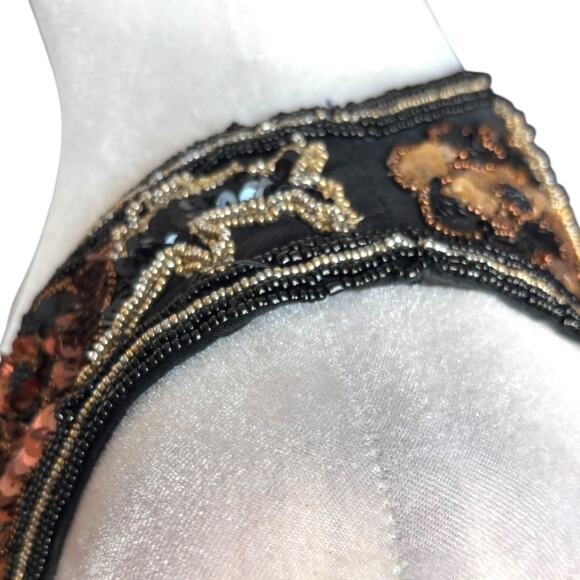 Vintage 90s Black Tie Silk Beaded Metallic Sequin Open Front Vest Gold Bronze - Picture 6 of 11